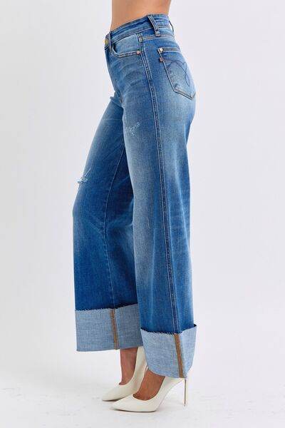 Judy Blue Full Size Distressed High Waist Wide Leg Jeans - DaTrendStore.Com