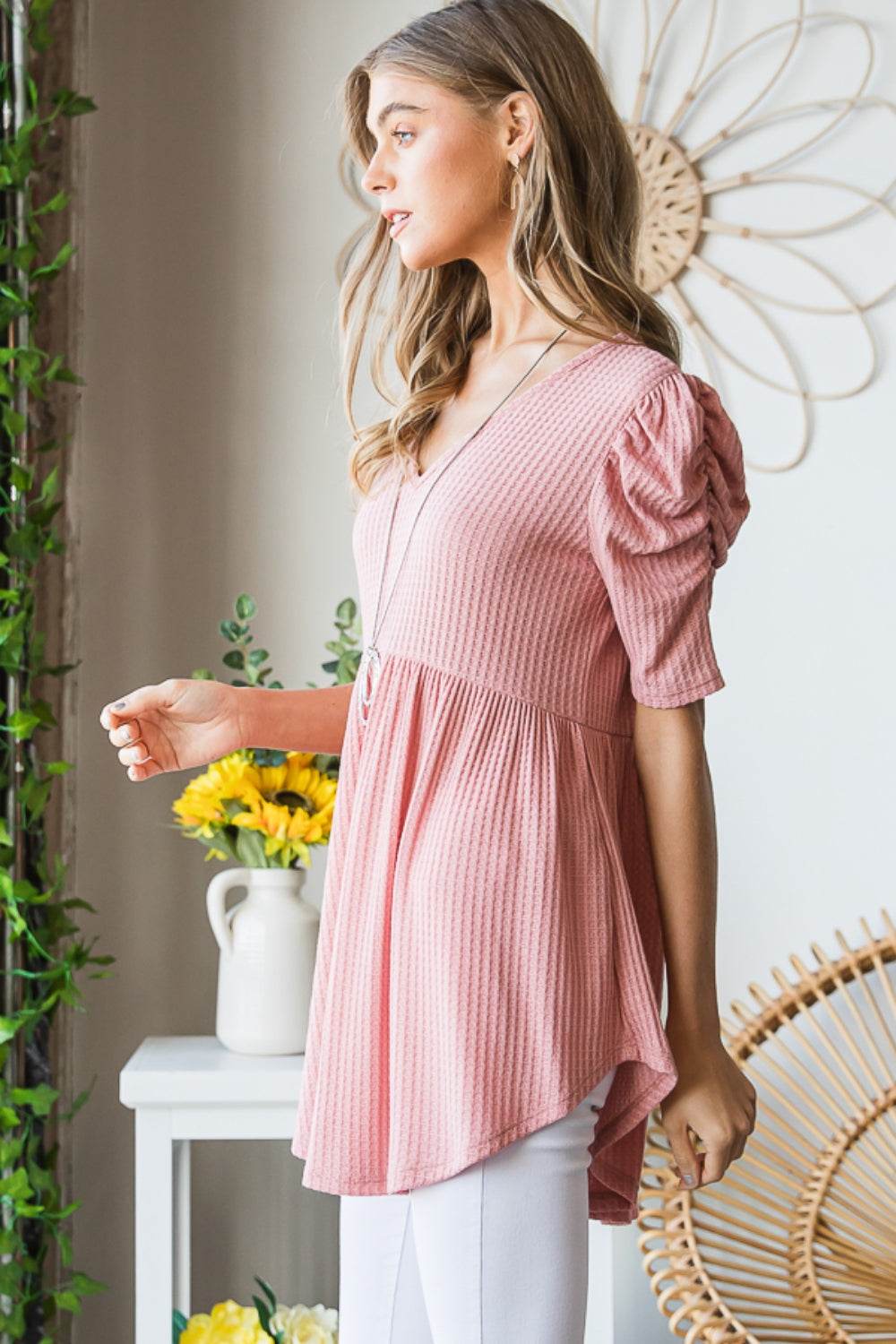 Heimish Full Size Waffle Knit V-Neck Babydoll Top - DaTrendStore.Com