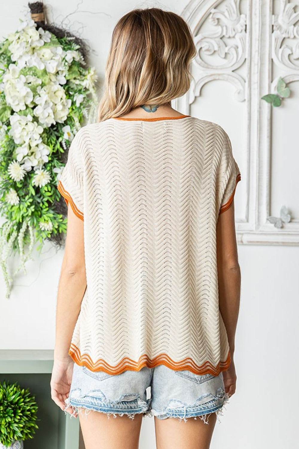 First Love Full Size Contrast Wavy Crochet Drop Shoulder Knit Top - DaTrendStore.Com