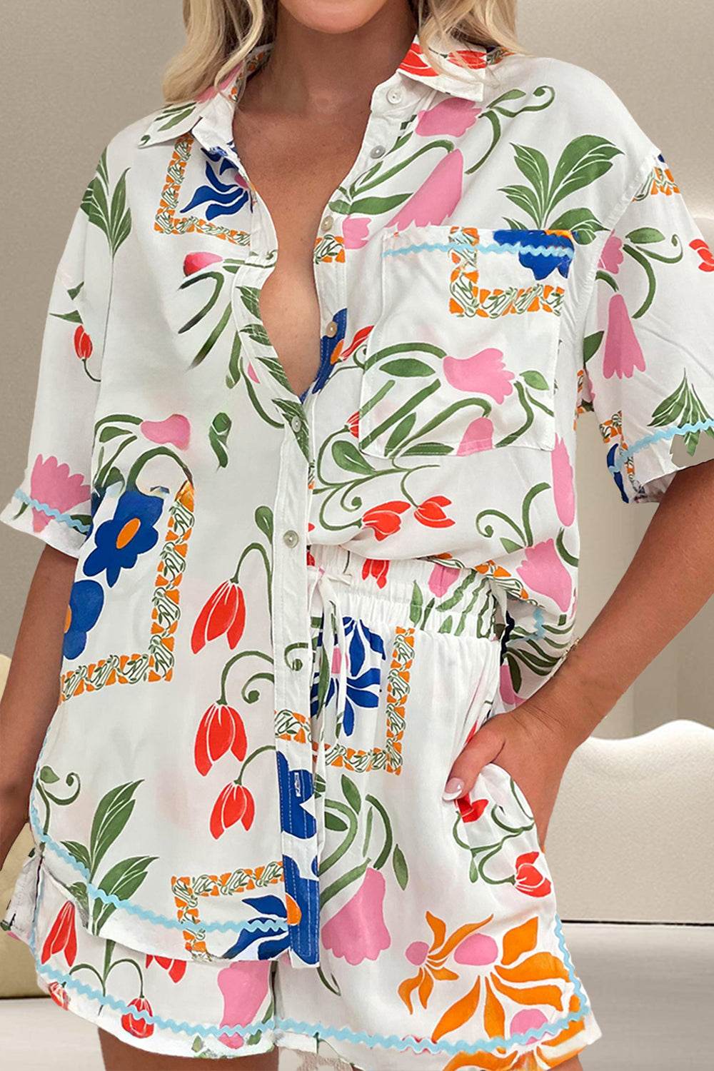 Printed Button Up Half Sleeve Top and Shorts Set - DaTrendStore.Com