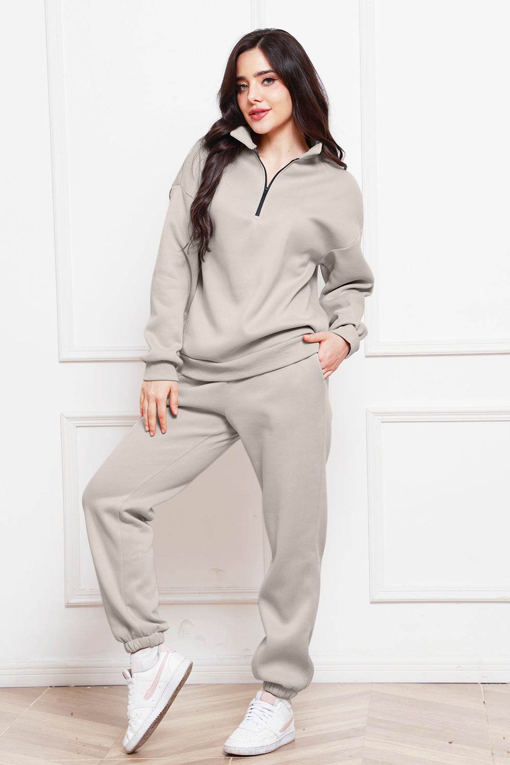 Half Zip Long Sleeve Sweatshirt and Pants Set - DaTrendStore.Com