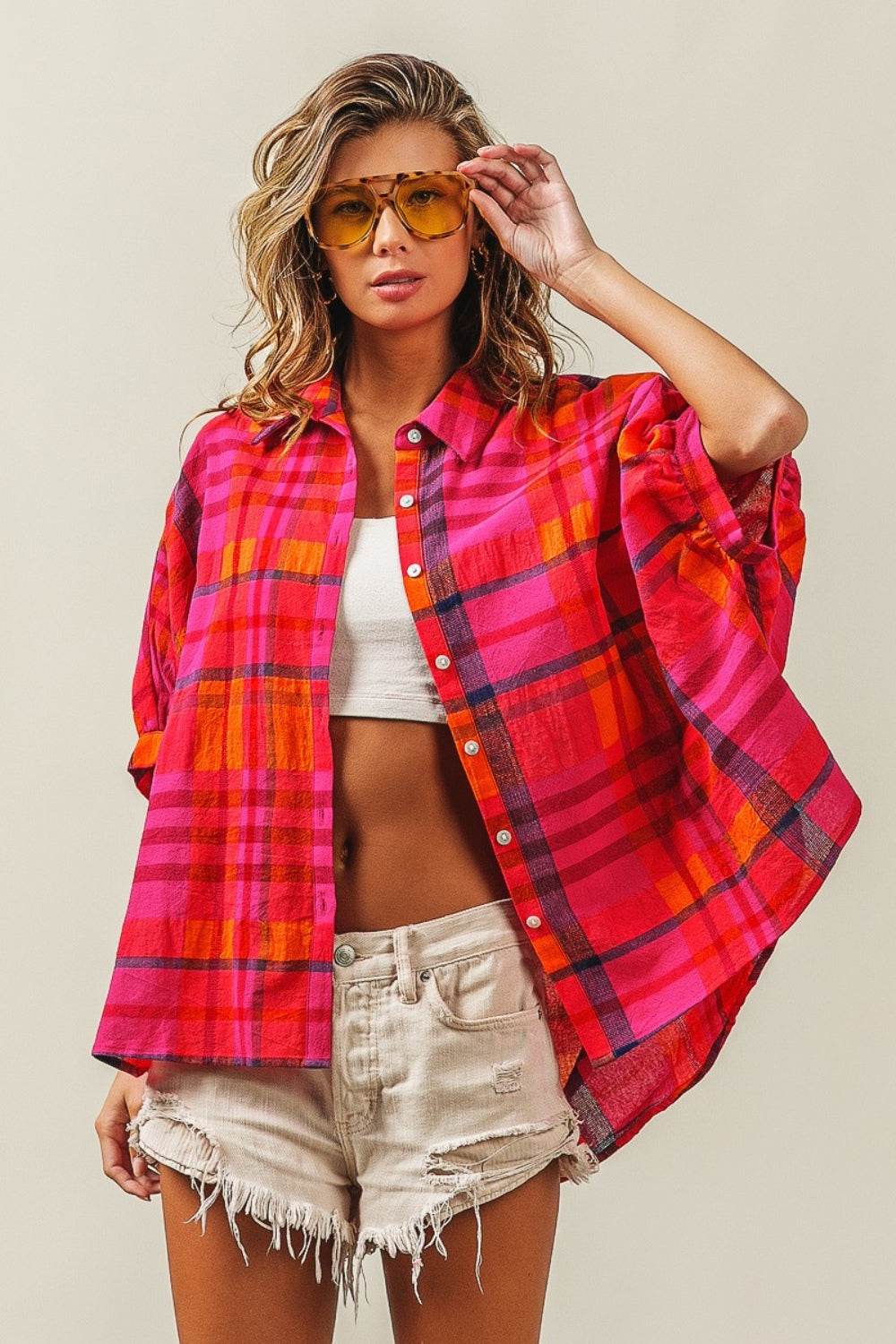BiBi Button Up Dolman Sleeve Plaid Shirt - DaTrendStore.Com