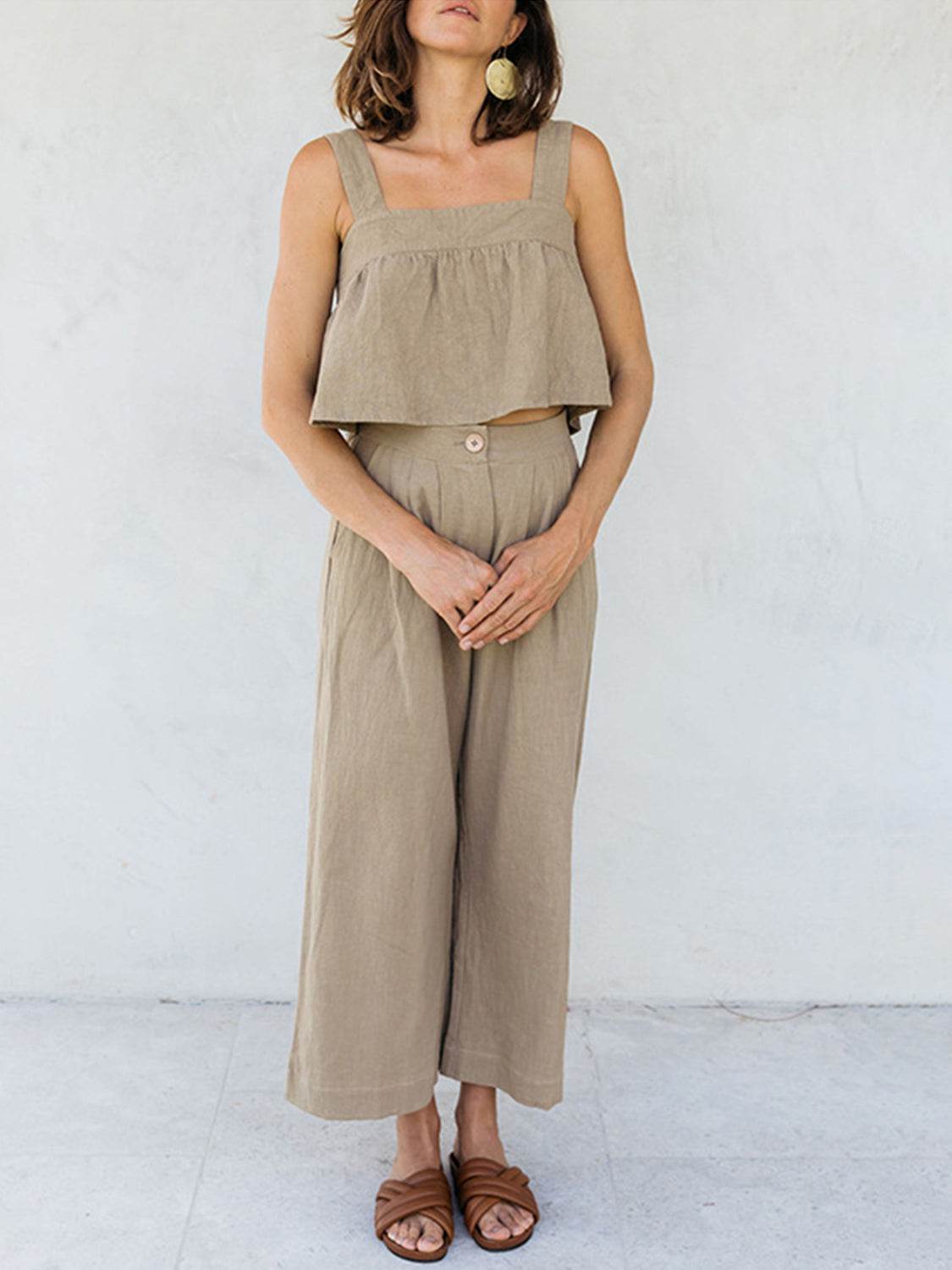 Square Neck Wide Strap Top and Pants Set - DaTrendStore.Com