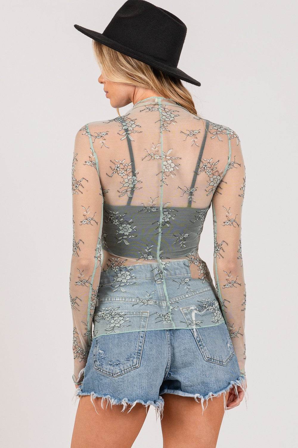 SAGE + FIG Mesh Long Sleeve Sheer Floral Embroidery Top - DaTrendStore.Com