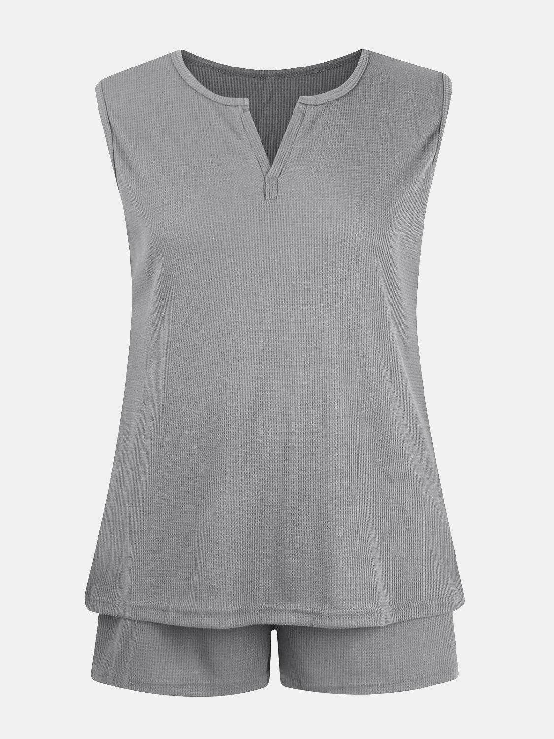 Full Size Waffle-Knit Notched Top and Shorts Set - DaTrendStore.Com