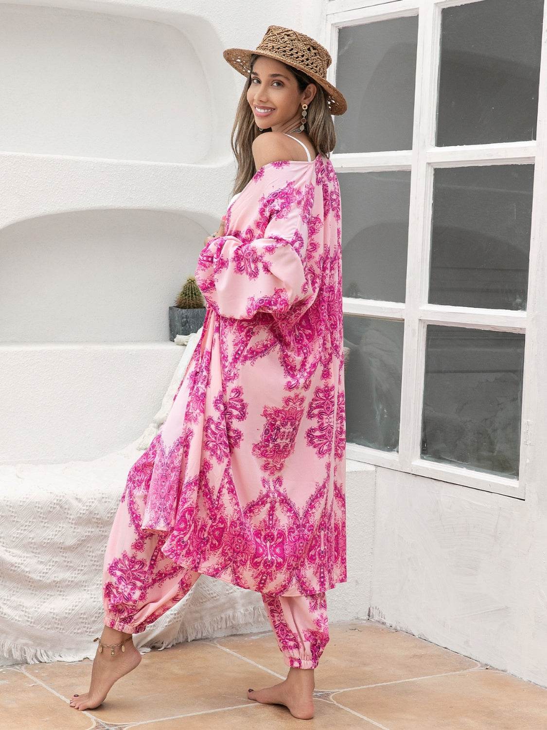 Printed Open Front Top and Pants Set - DaTrendStore.Com