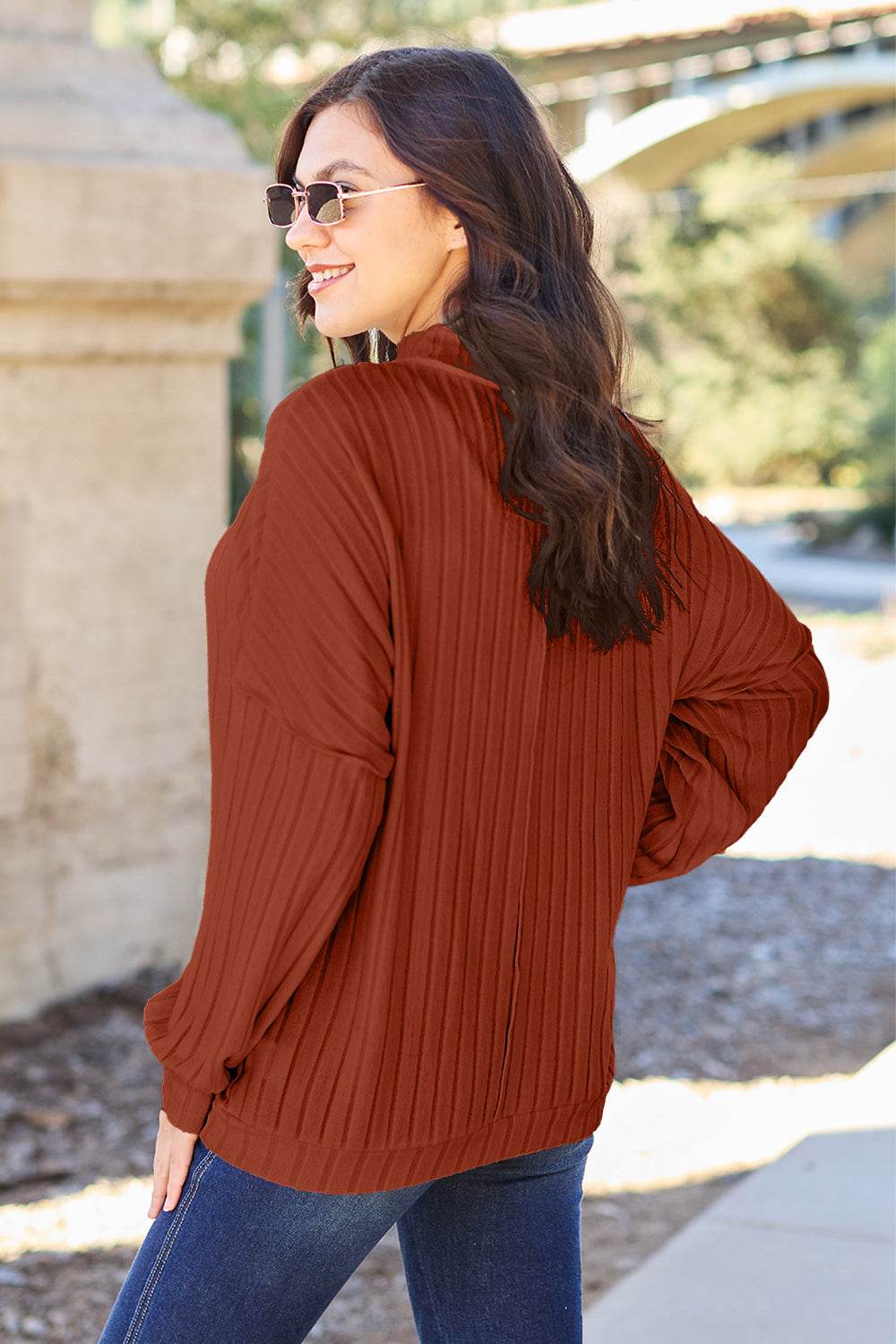 Basic Bae Full Size Ribbed Exposed Seam Mock Neck Knit Top - DaTrendStore.Com