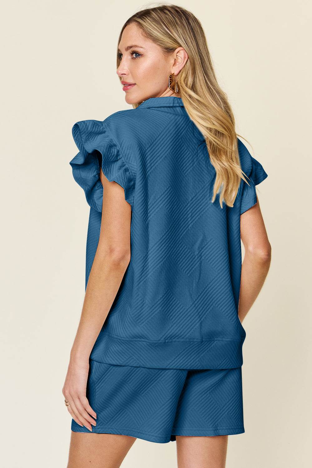 Double Take Full Size Texture Flounce Sleeve Top and Drawstring Shorts Set - DaTrendStore.Com