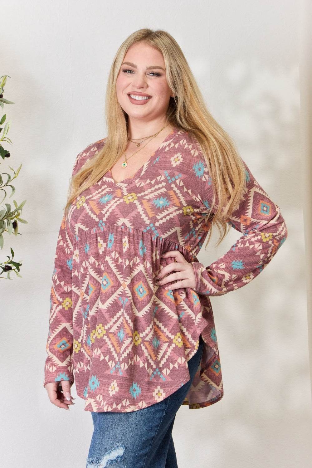 Heimish Full Size Geometric V-Neck Babydoll Top - DaTrendStore.Com