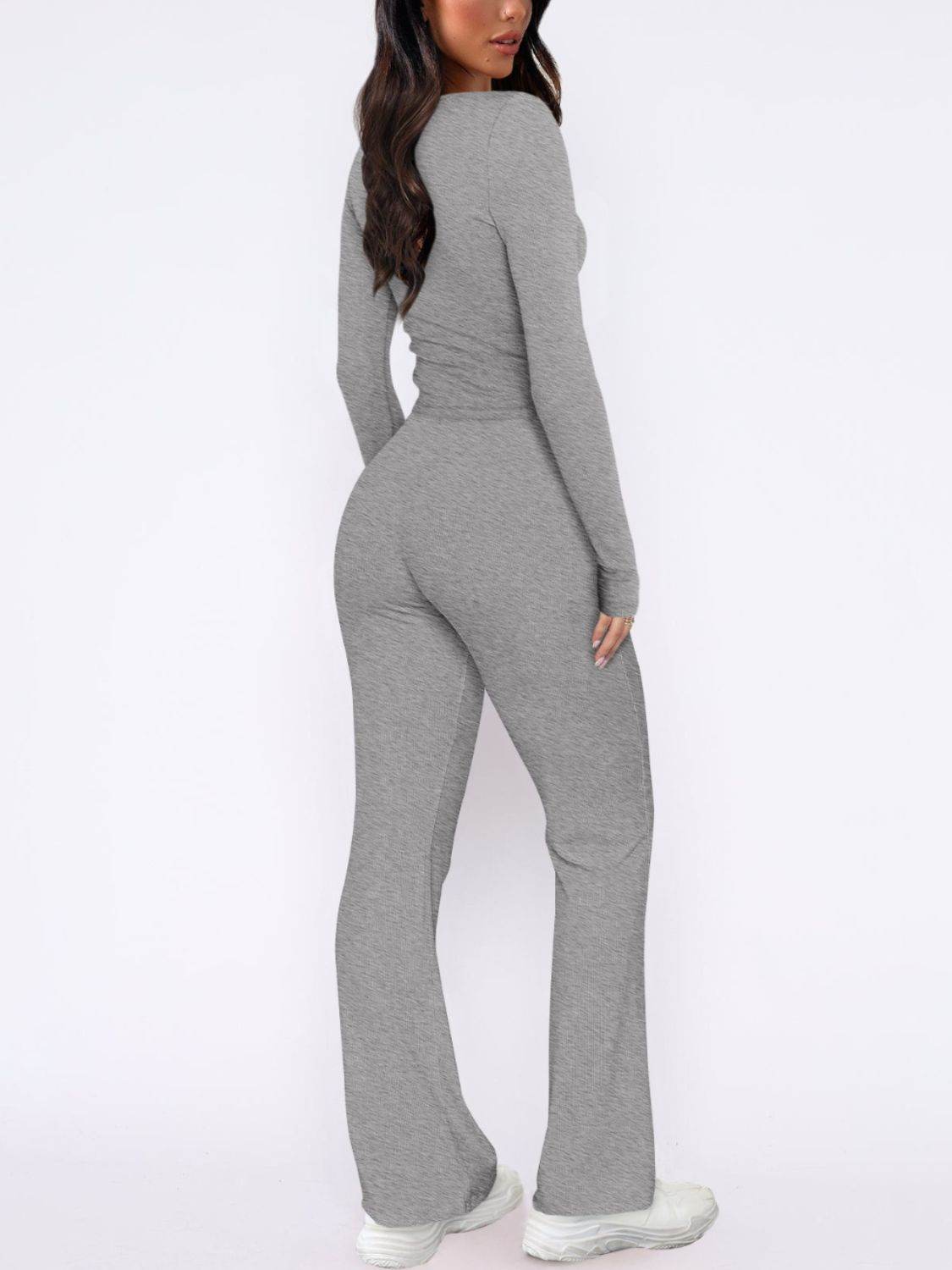 V-Neck Long Sleeve Top and Pants Set - DaTrendStore.Com