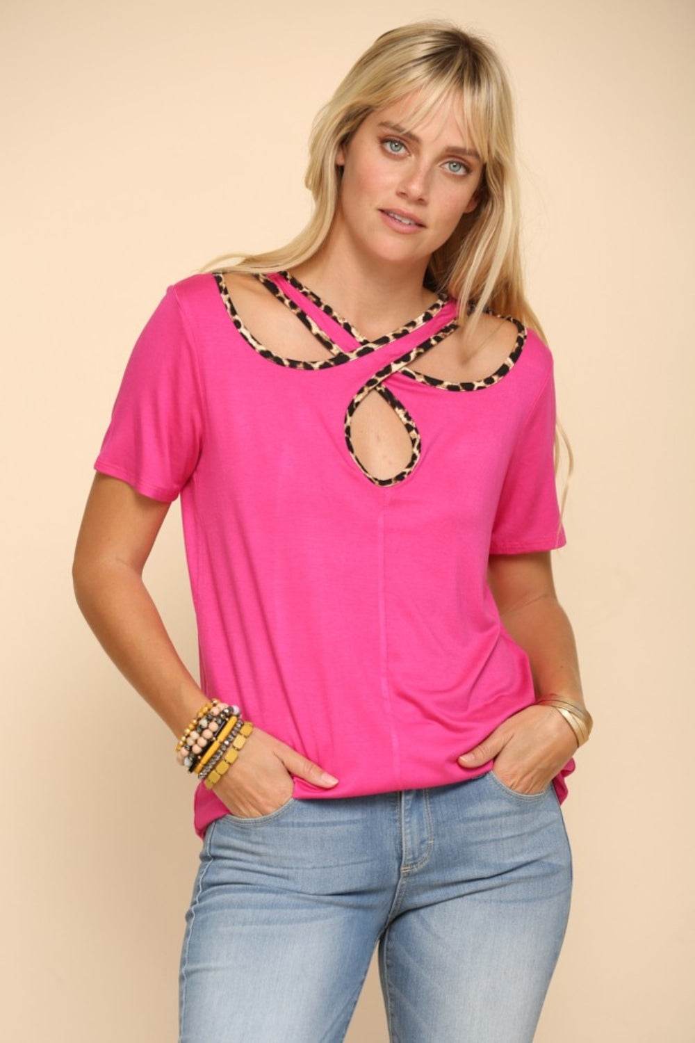 Celeste Full Size Crisscross Cutout Leopard Contrast Trim T-Shirt - DaTrendStore.Com