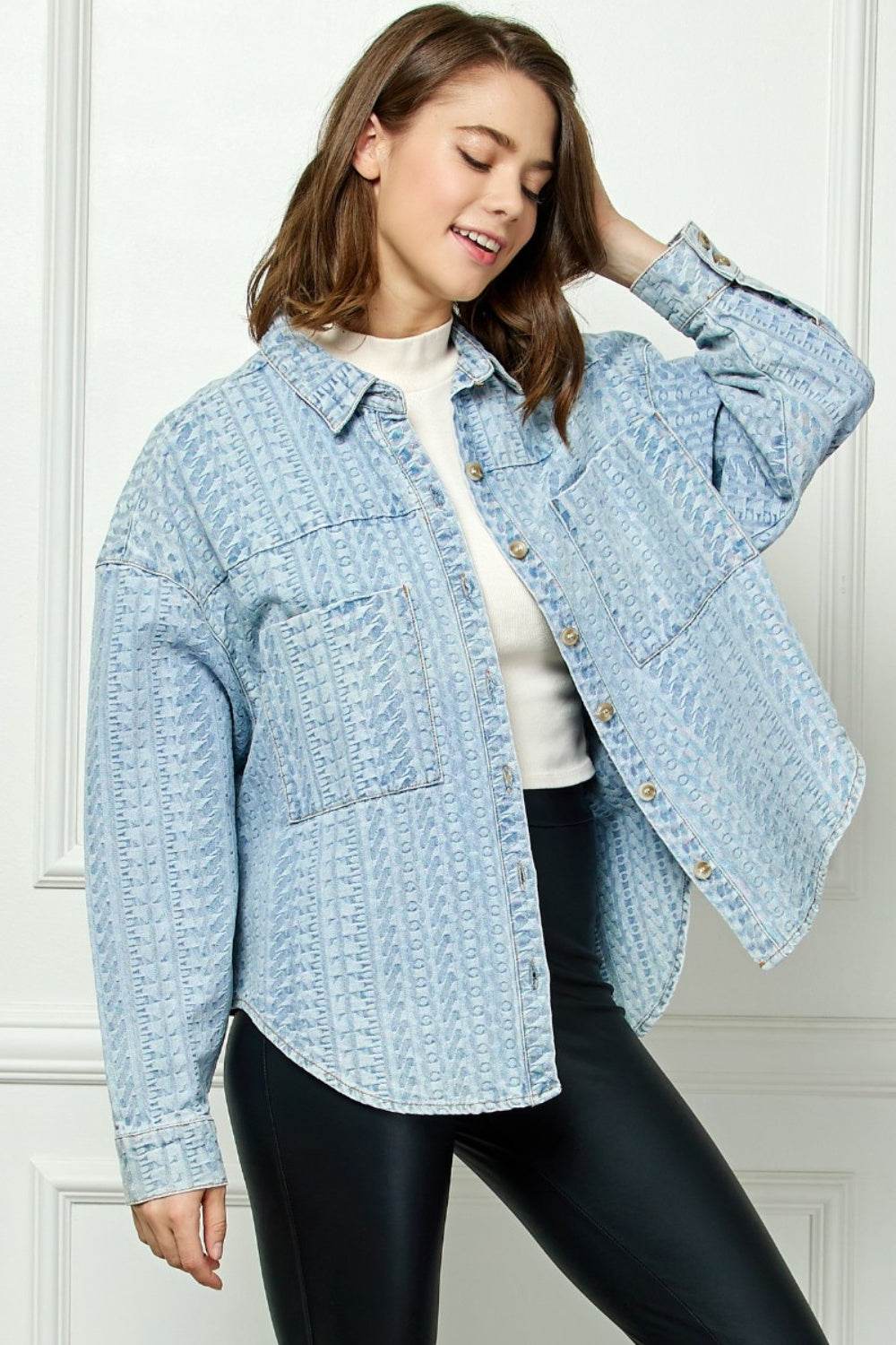Veveret Button Up Dropped Shoulder Denim Top - DaTrendStore.Com