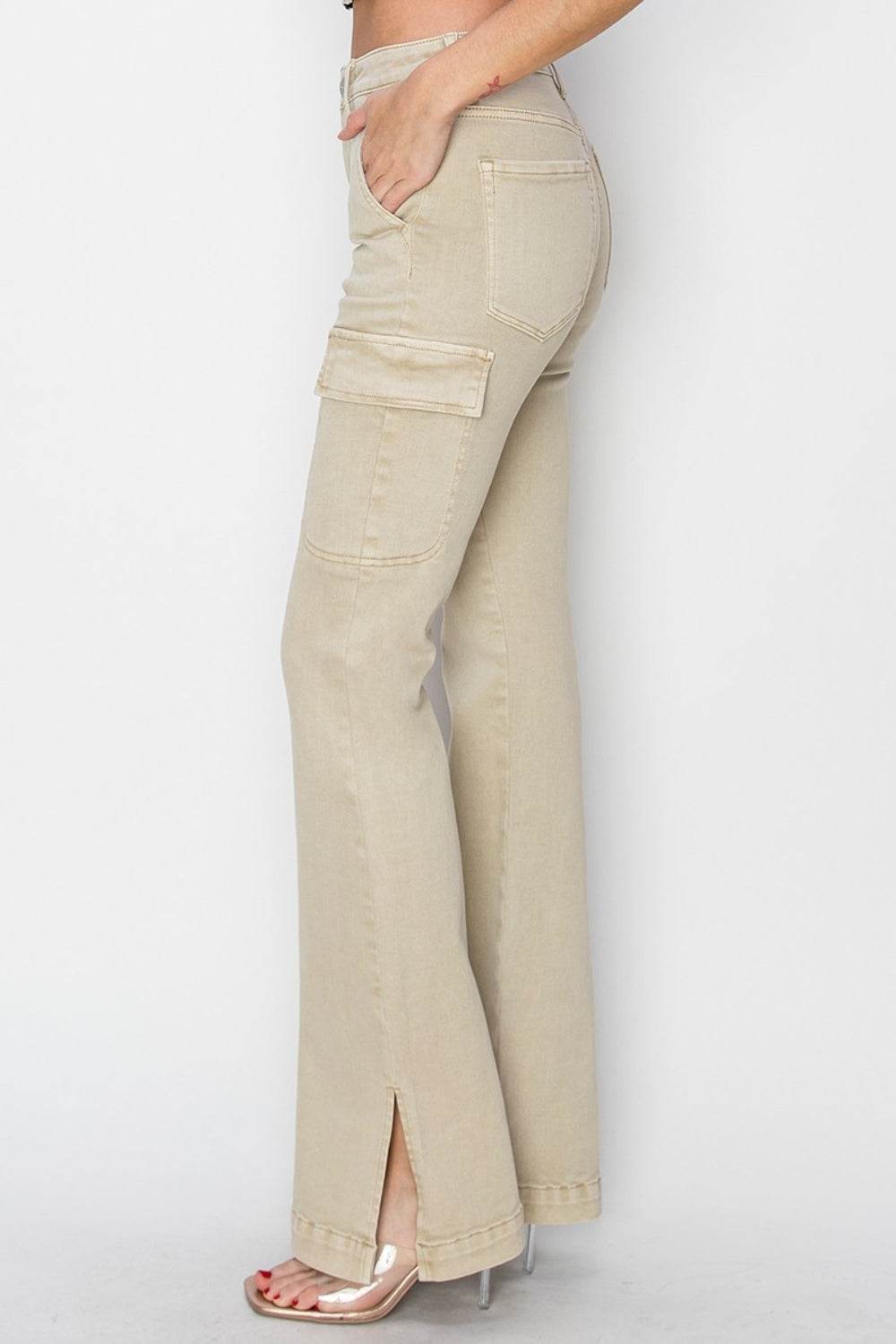 RISEN Full Size High Rise Side Slit Cargo Bootcut Jeans - DaTrendStore.Com