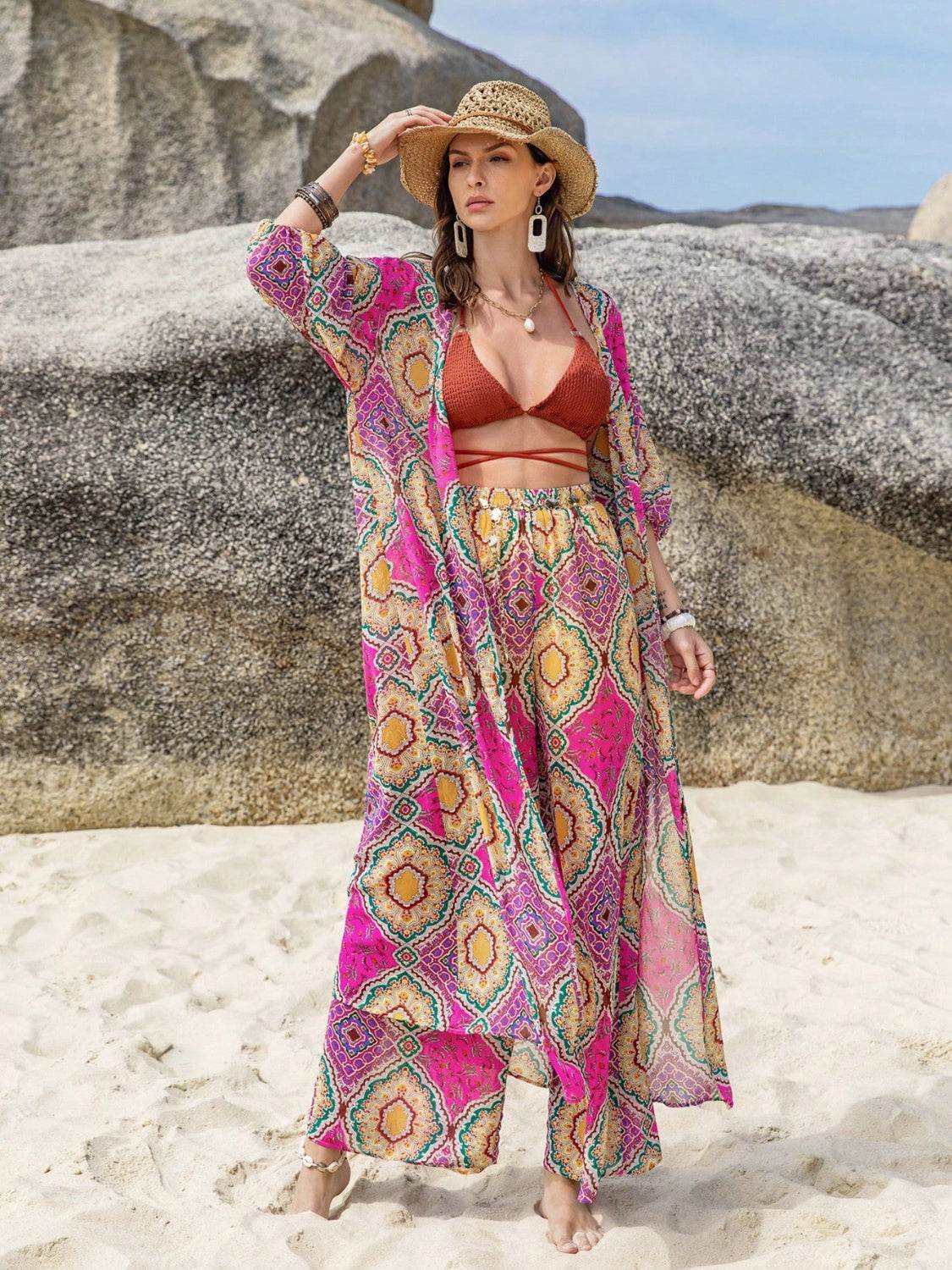 Printed Open Front Cardigan and Pants Set - DaTrendStore.Com