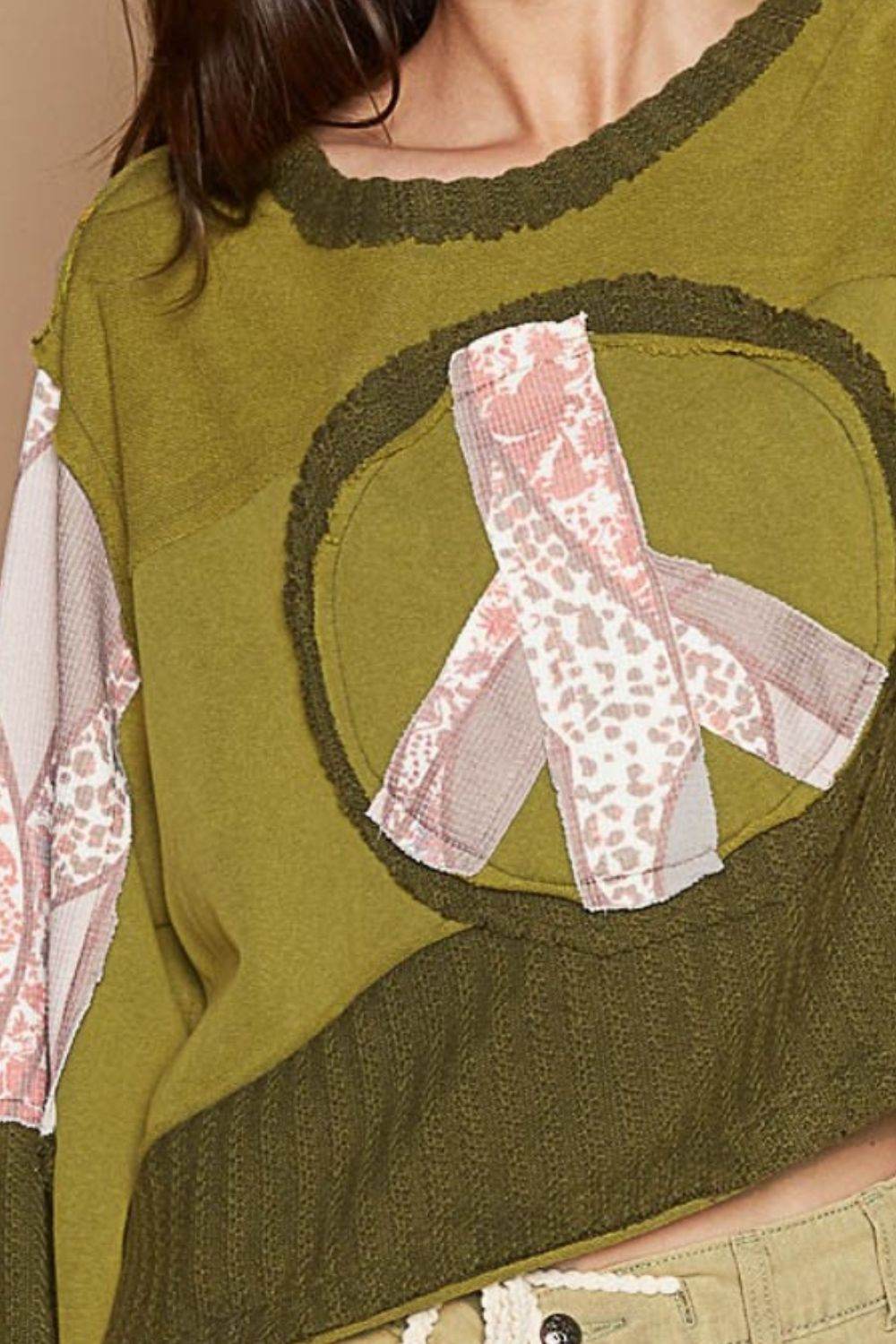 POL Long Sleeve Cut Sew Peace Emblem Top - DaTrendStore.Com