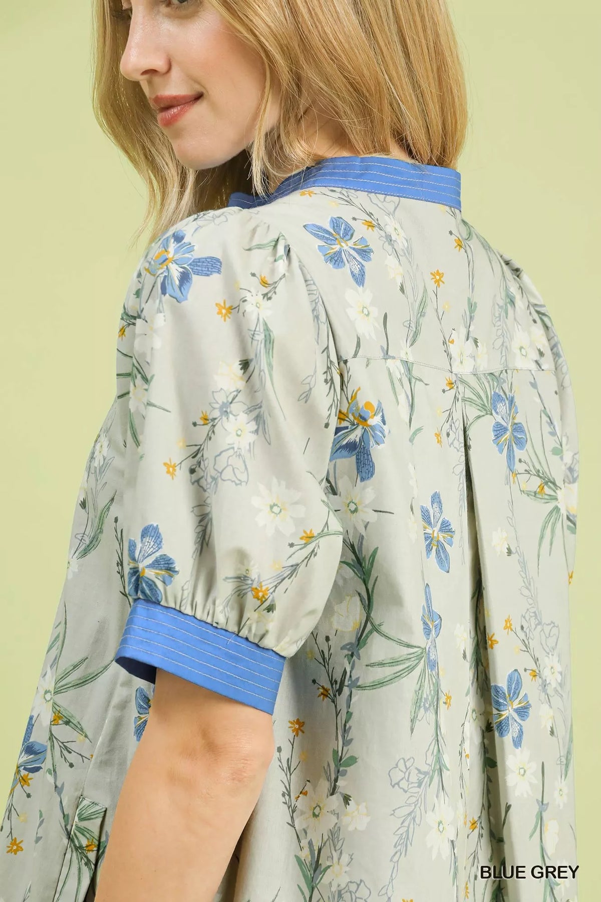 Umgee Floral Puff Sleeve Dress with Contrast Trim - Blue Grey