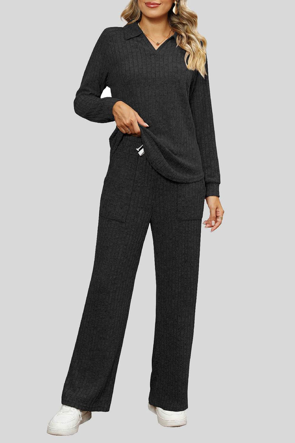 Ribbed Long Sleeve Top and Pocketed Pants Set - DaTrendStore.Com