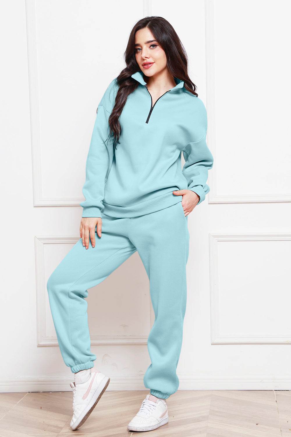 Half Zip Long Sleeve Sweatshirt and Pants Set - DaTrendStore.Com