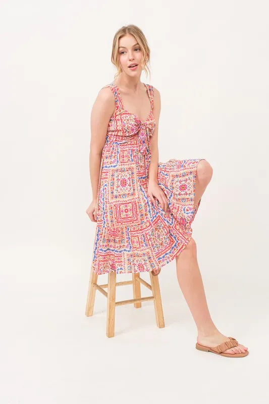 And The Why Red Boho Tiered Tie-Front Dress