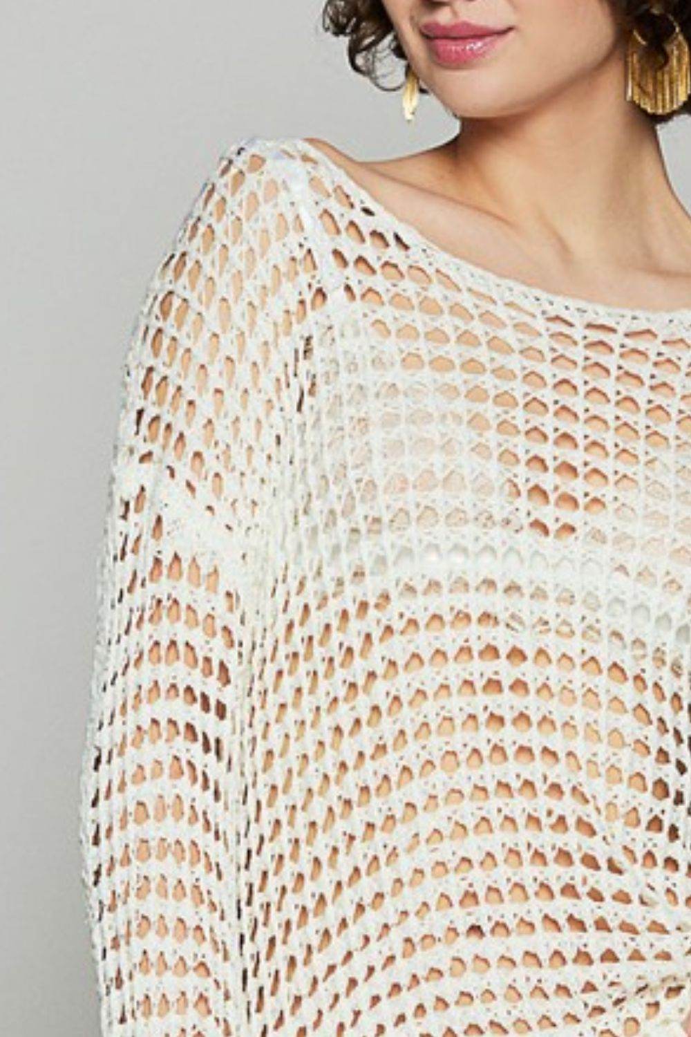POL Side Slit Openwork Long Sleeve Knit Cover Up - DaTrendStore.Com