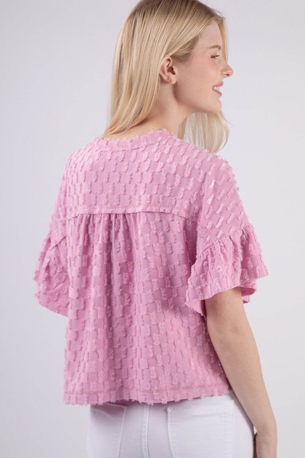 VERY J Full Size Texture Ruffle Short Sleeve Top - DaTrendStore.Com