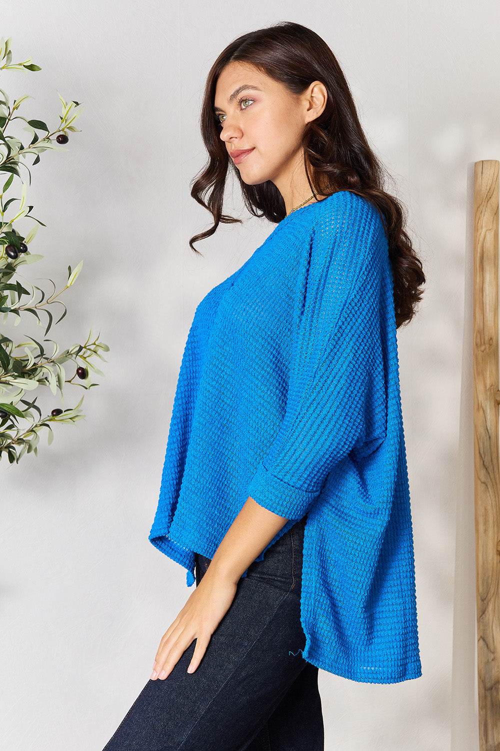 Zenana Full Size Round Neck High-Low Slit Knit Top - DaTrendStore.Com