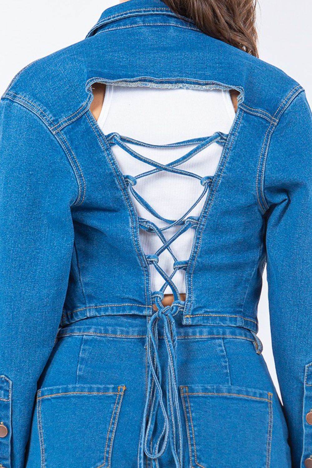 American Bazi Laced Back Cropped Denim Jacket - DaTrendStore.Com