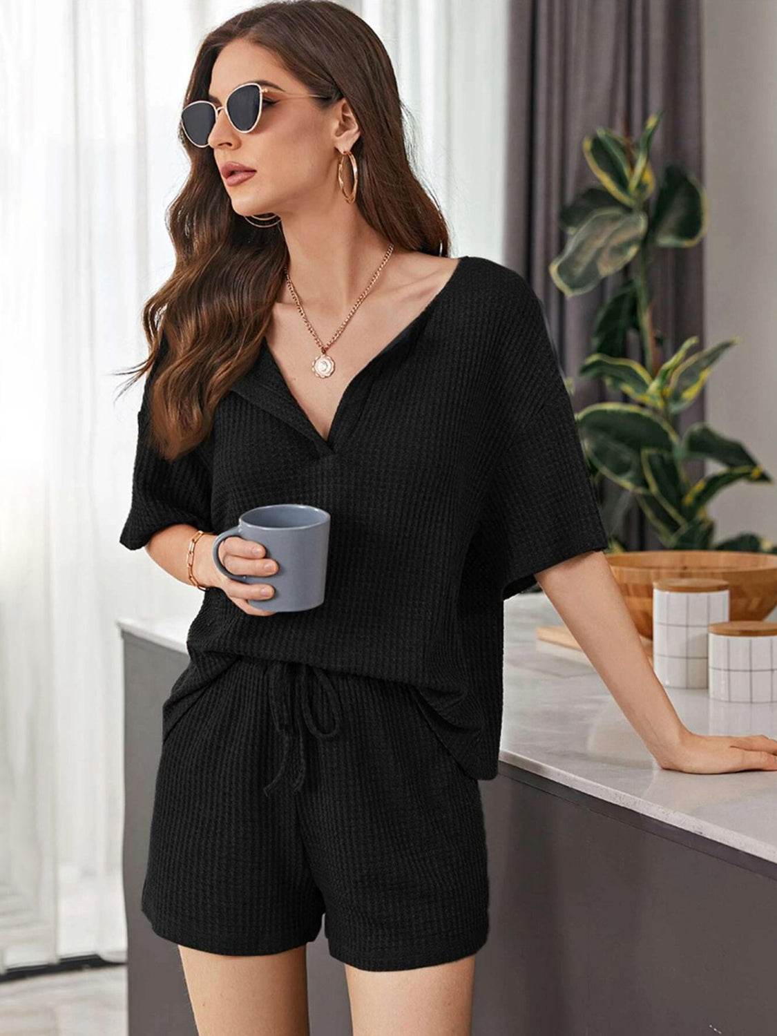 Full Size Waffle-Knit Dropped Shoulder Top and Shorts Set - DaTrendStore.Com
