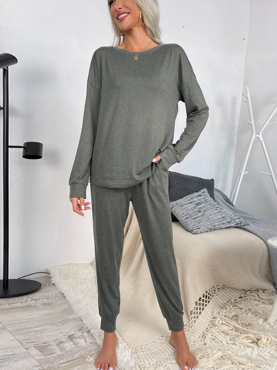 Shiny Round Neck Top and Drawstring Pants Lounge Set - DaTrendStore.Com