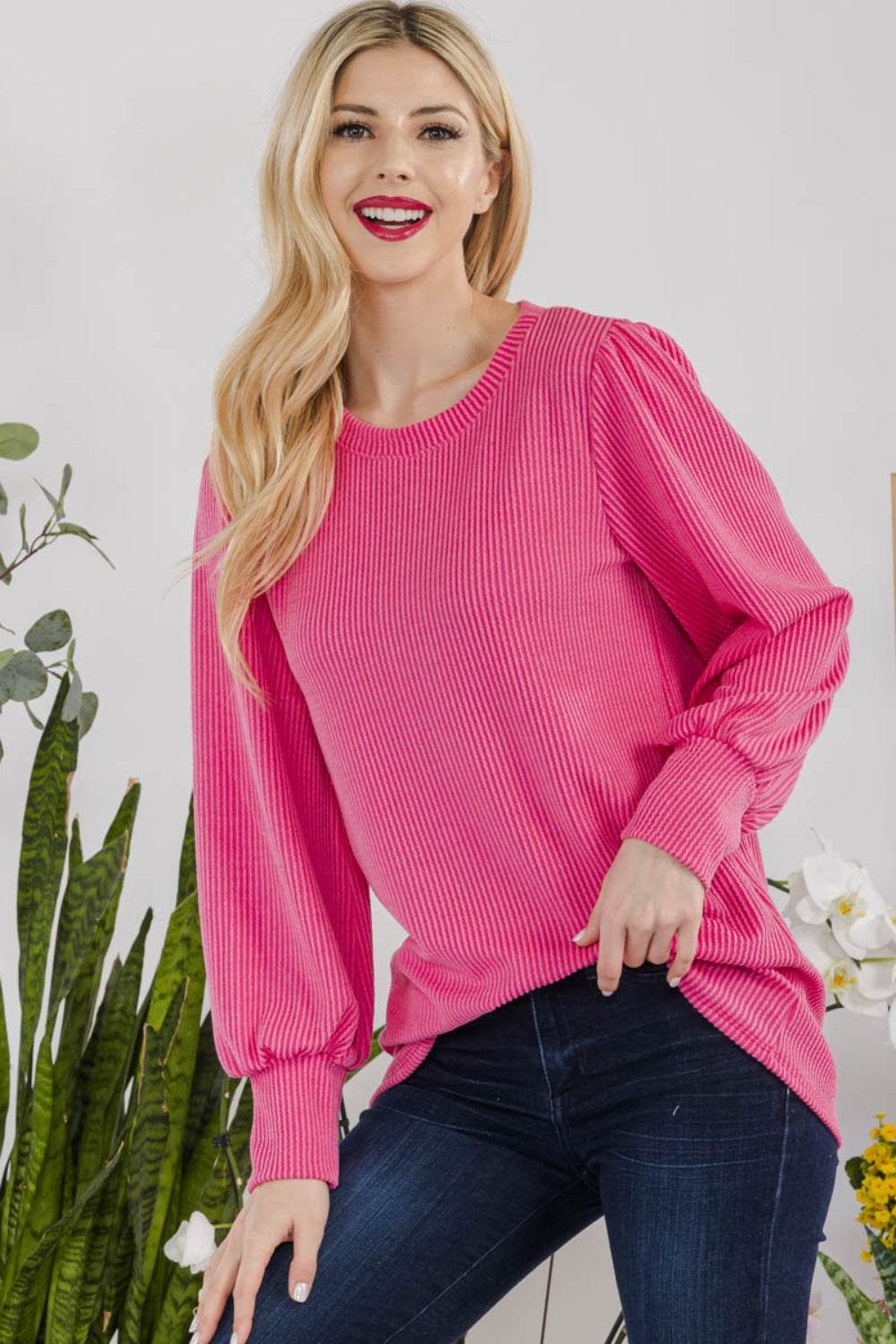 Celeste Full Size Striped Round Neck Lantern Sleeve Top - DaTrendStore.Com
