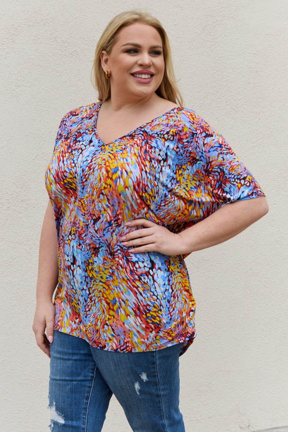 Be Stage Full Size Printed Dolman Flowy Top - DaTrendStore.Com