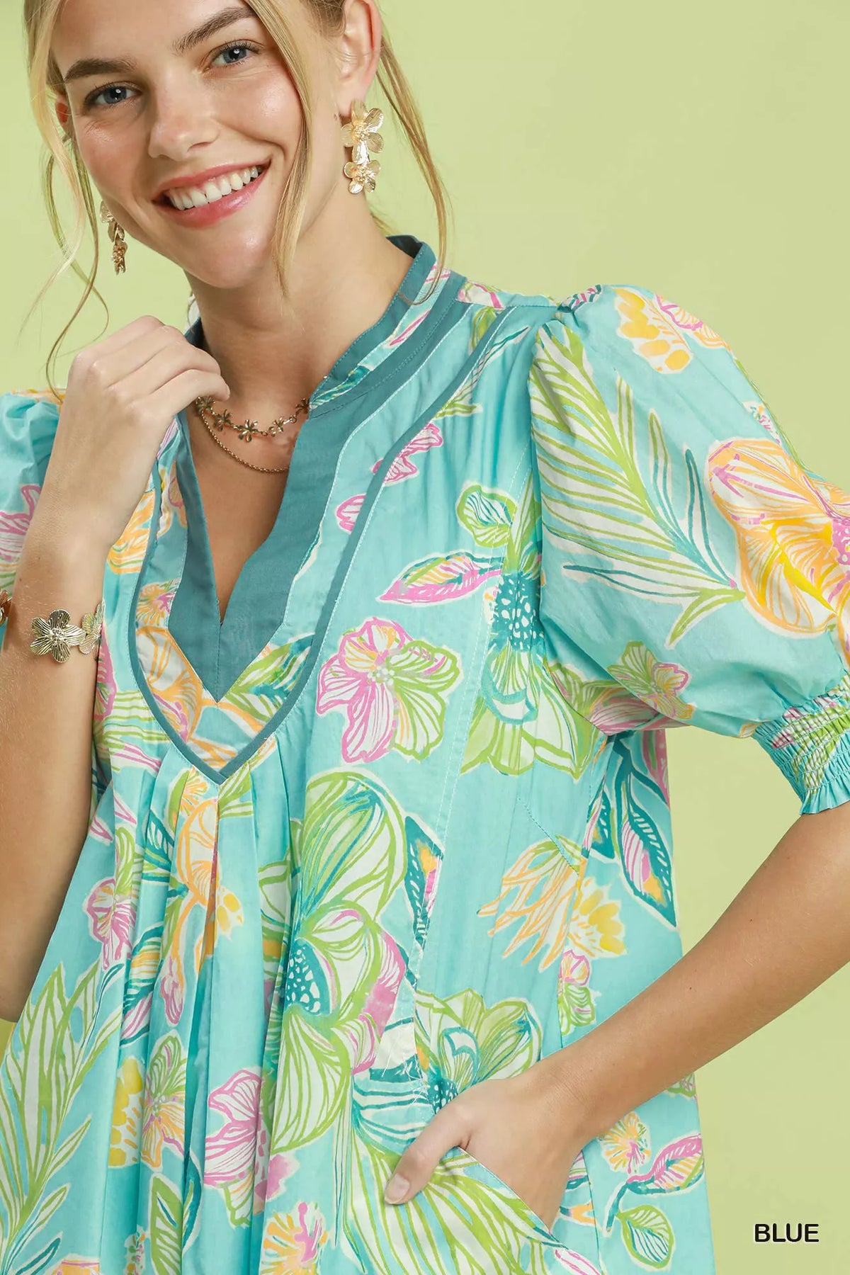 Umgee Botanical Print Dress with Smocked Cuffs - Blue