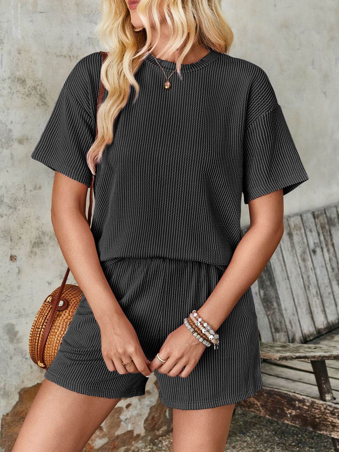 Lovelet Textured Round Neck Short Sleeve Top and Shorts Set - DaTrendStore.Com