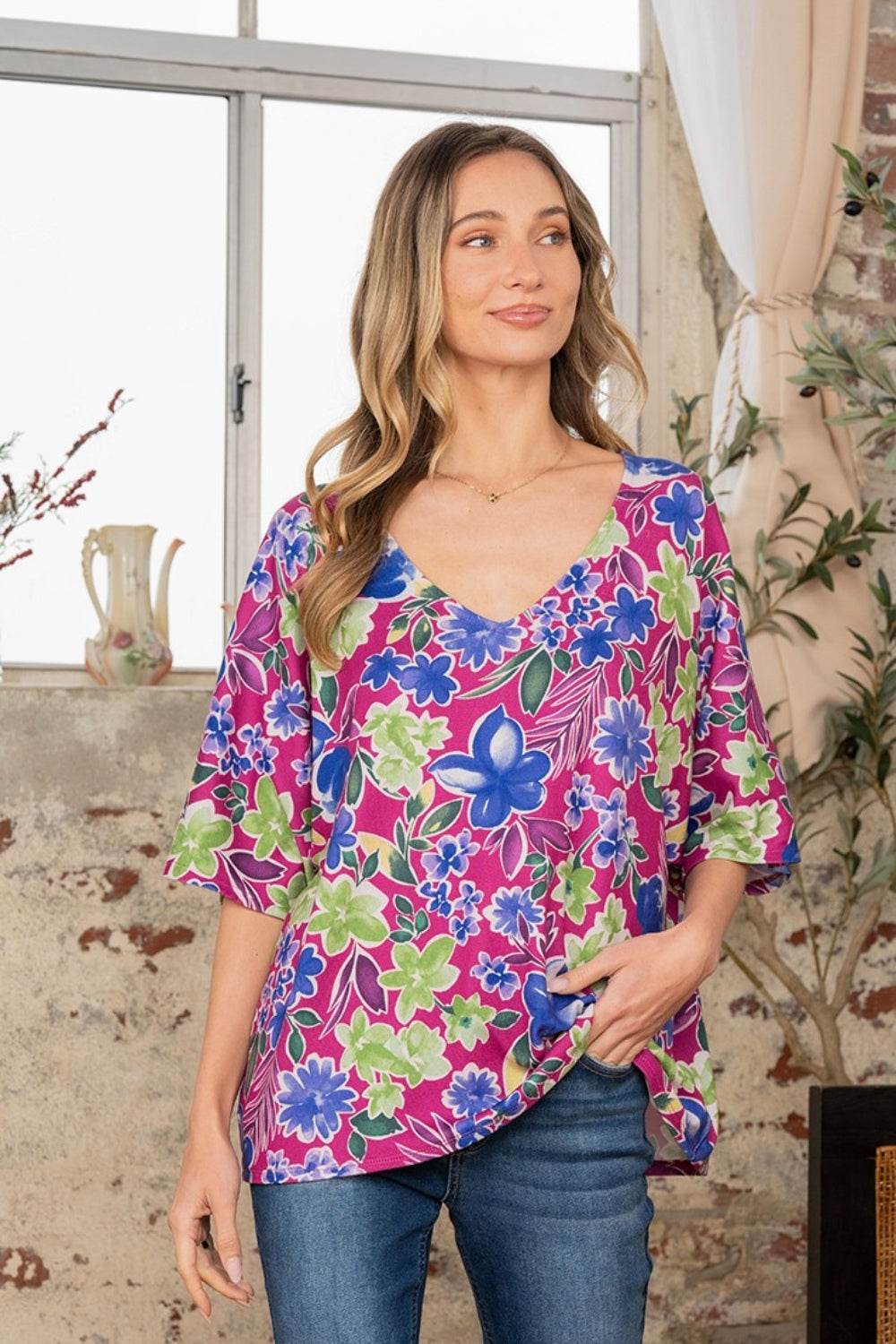 Sew In Love Full Size V-Neck Floral Half Sleeve Top - DaTrendStore.Com