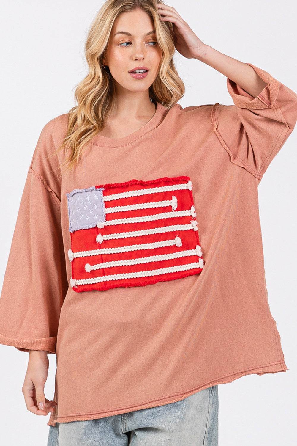SAGE + FIG Full Size American Flag Patch Drop Shoulder T-Shirt - DaTrendStore.Com