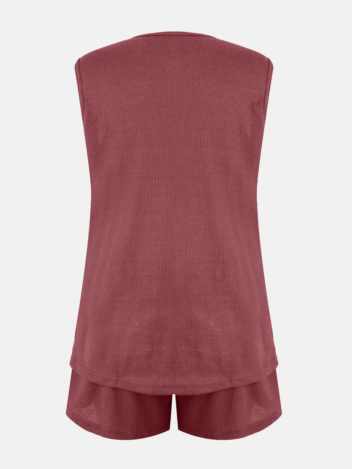 Full Size Waffle-Knit Notched Top and Shorts Set - DaTrendStore.Com
