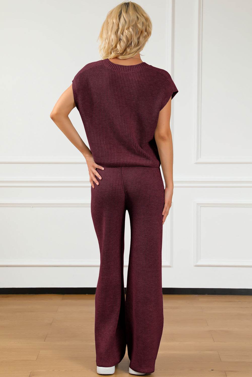 Pocketed V-Neck Top and Wide Leg Sweater Set - DaTrendStore.Com