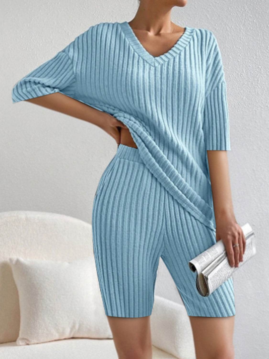 Ribbed V-Neck Top and Shorts Set - DaTrendStore.Com