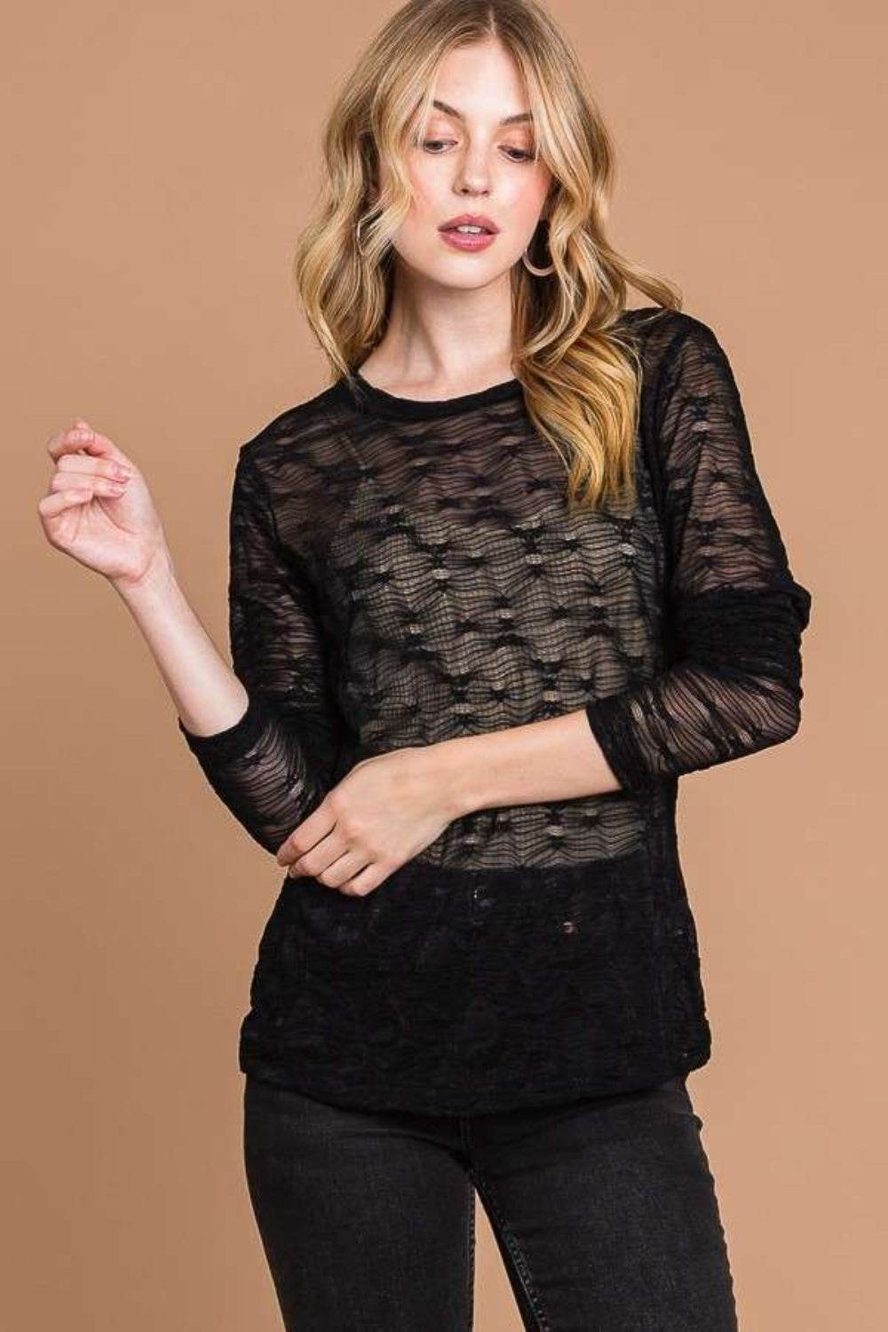 Culture Code Full Size Round Neck Mesh Perspective Top - DaTrendStore.Com