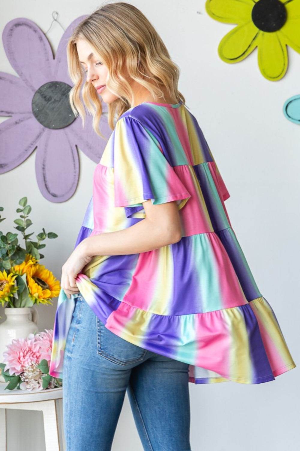 Heimish Full Size Short Sleeve Striped Tiered Top - DaTrendStore.Com