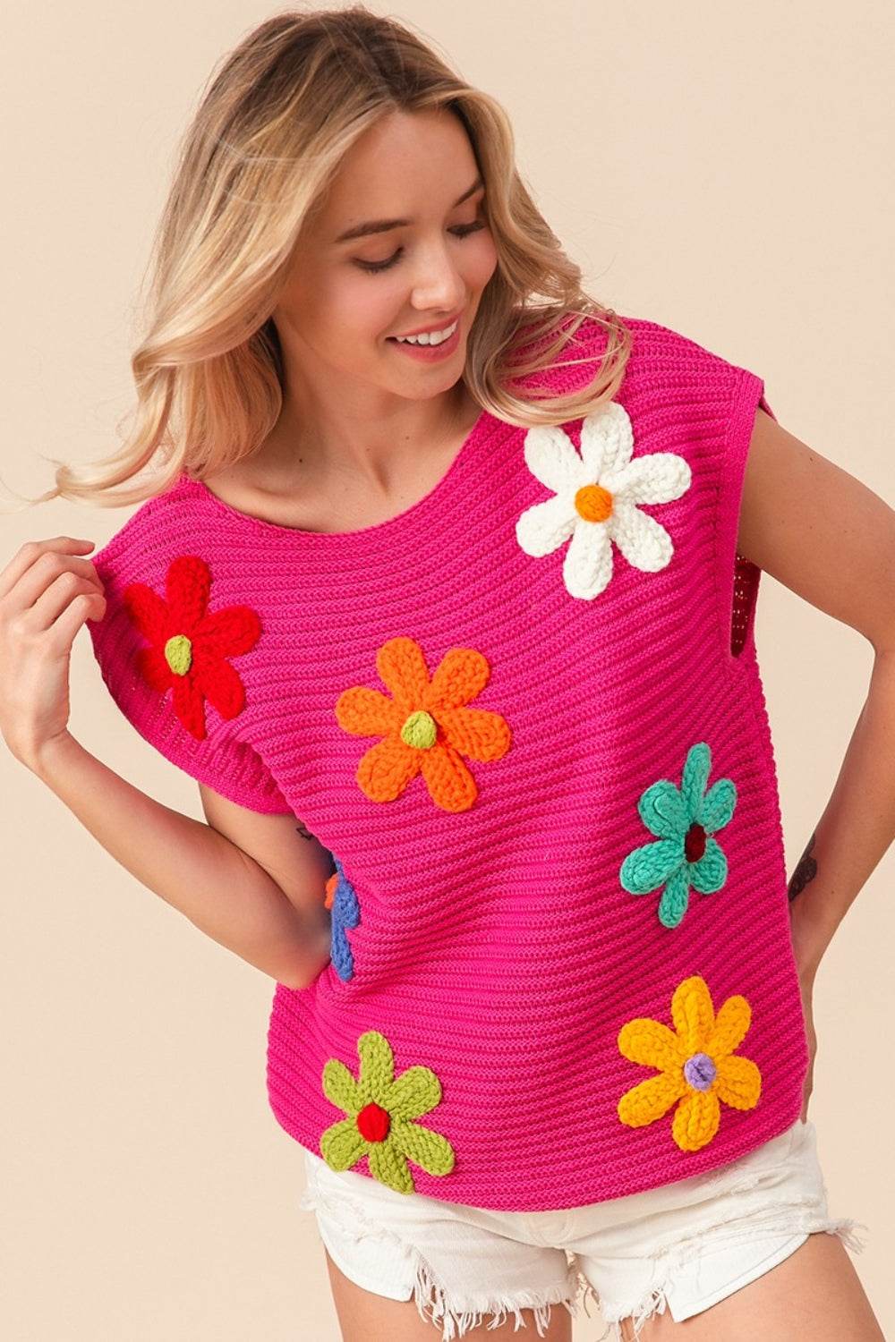 BiBi Flower Round Neck Cap Sleeve Knit Top - DaTrendStore.Com