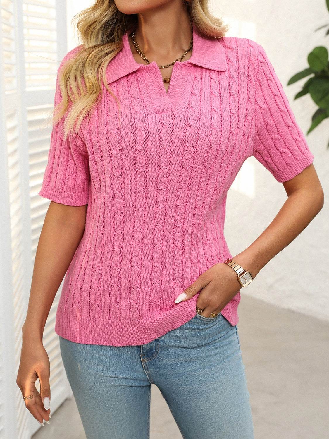 Mandy Cable Knit Johnny Collar Half Sleeve Sweater - DaTrendStore.Com