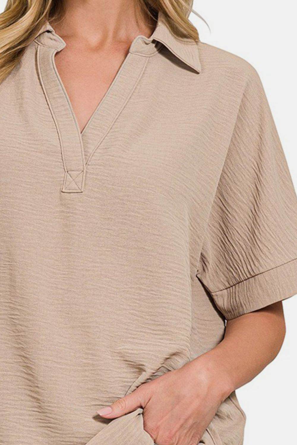 Zenana Texture Collared Neck Short Sleeve Top - DaTrendStore.Com