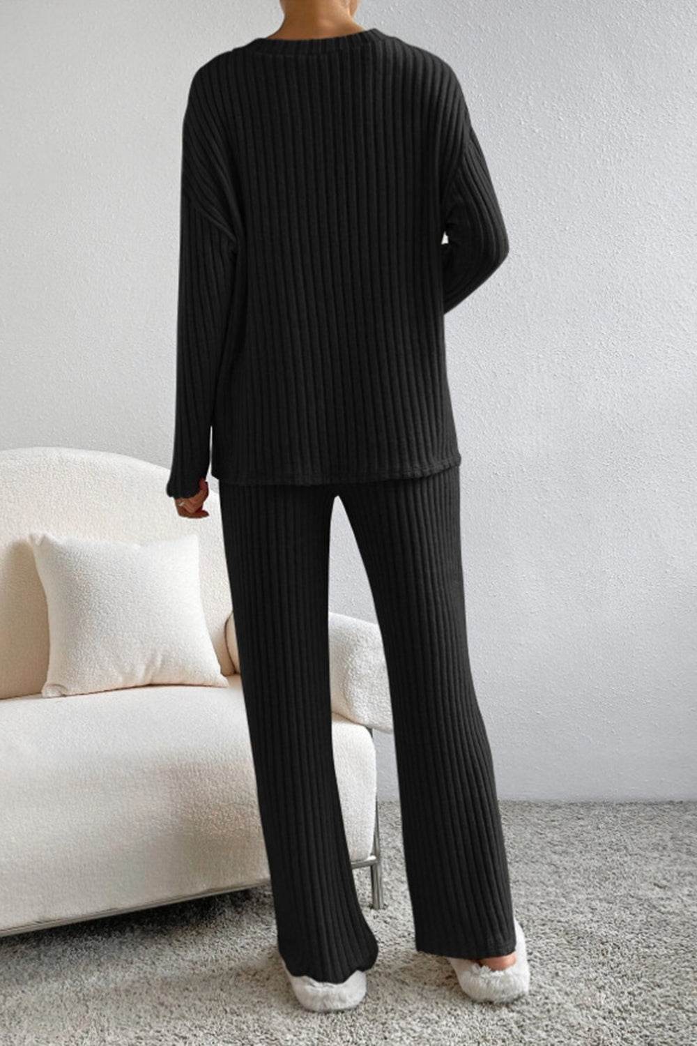 Ribbed V-Neck Top and Pants Set - DaTrendStore.Com