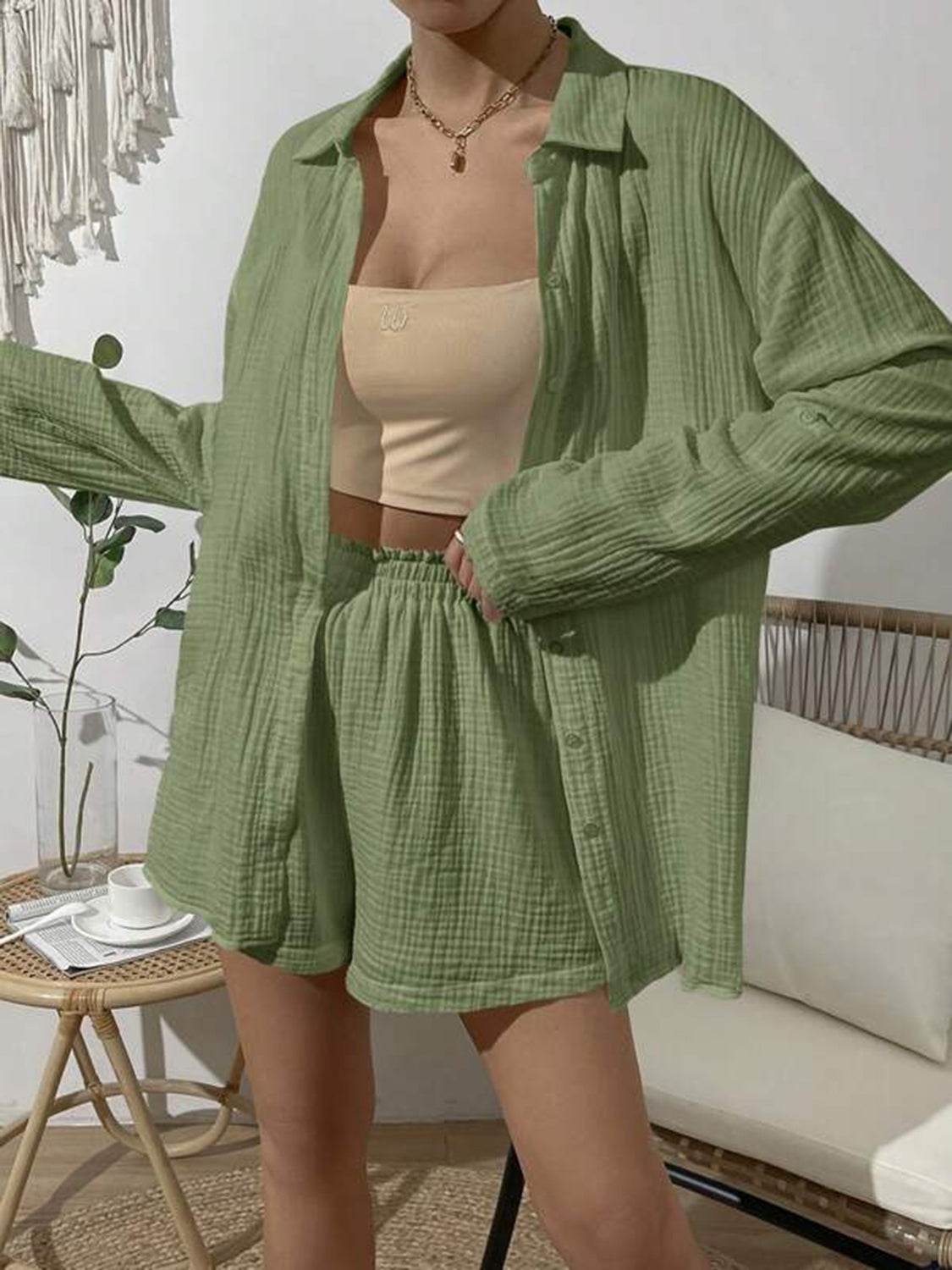 Dropped Shoulder Button Up Top and Elastic Waist Shorts Set - DaTrendStore.Com