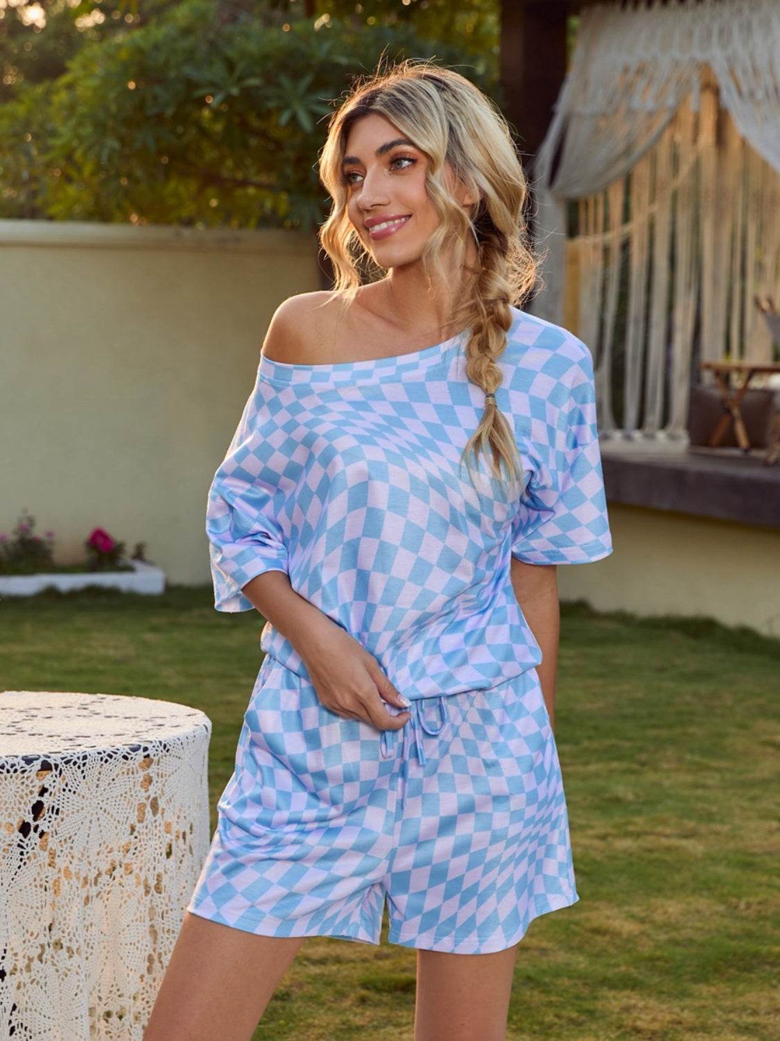 Plaid Round Neck Top and Shorts Lounge Set - DaTrendStore.Com