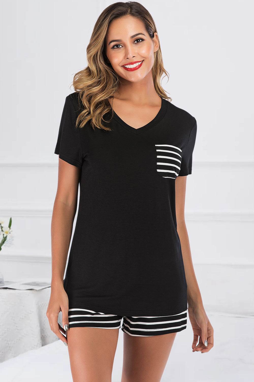 Striped Short Sleeve Top and Shorts Lounge Set - DaTrendStore.Com