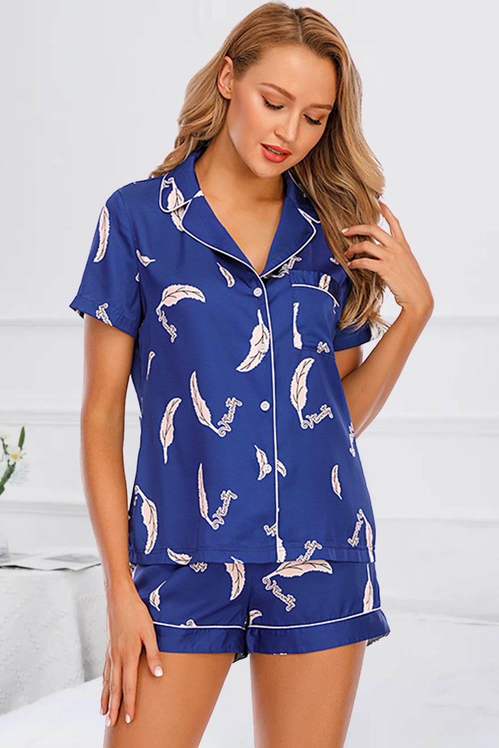 Printed Button Up Short Sleeve Top and Shorts Lounge Set - DaTrendStore.Com