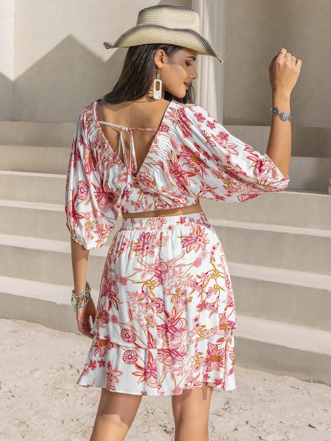 Printed Half Sleeve Top and Layered Skirt Set - DaTrendStore.Com