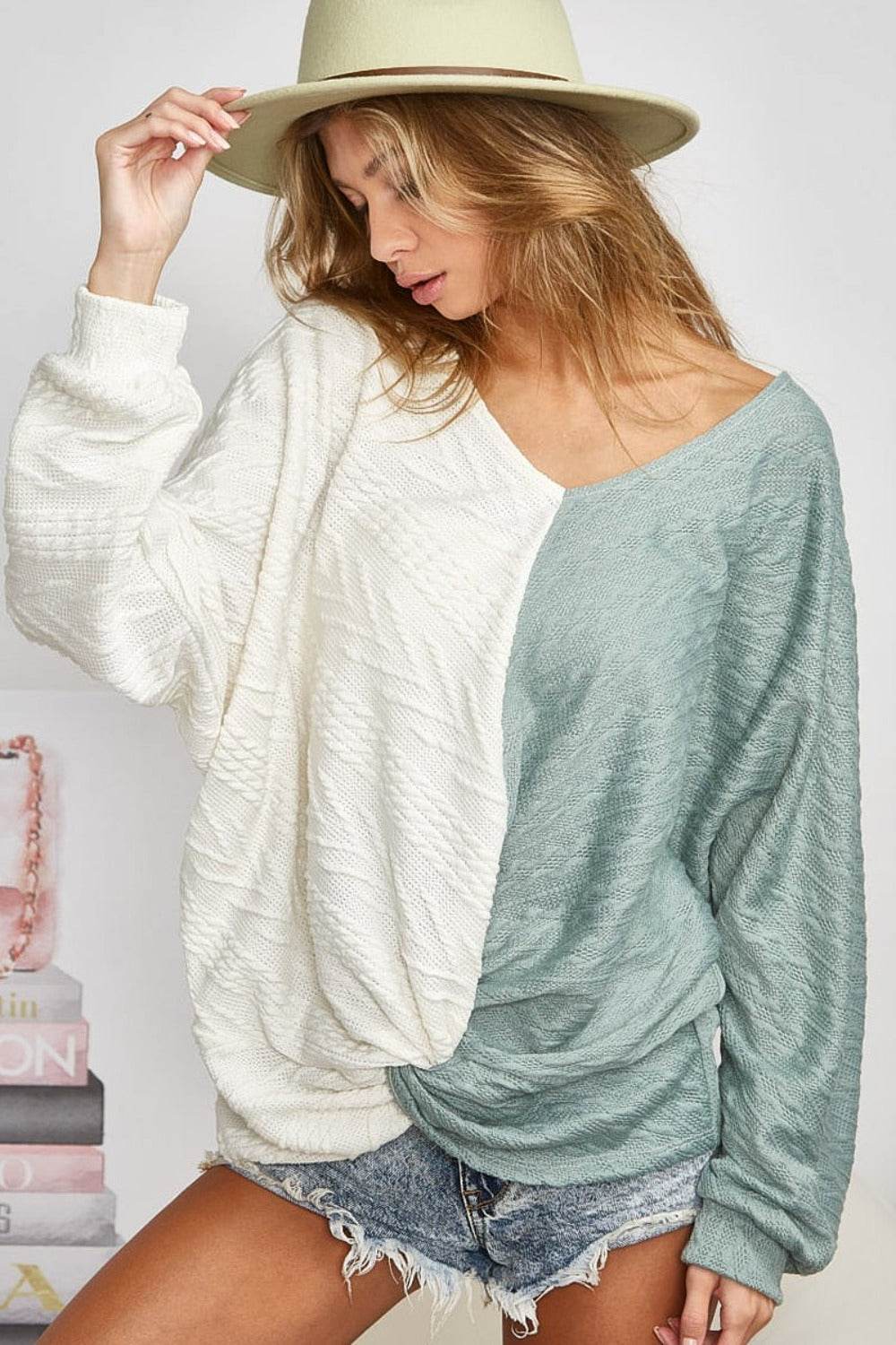 BiBi Twist Front Contrast Cable Knit Top - DaTrendStore.Com